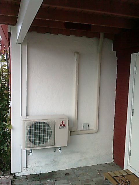 Delen av en varmepumpe som er på utsiden montert fast til veggen